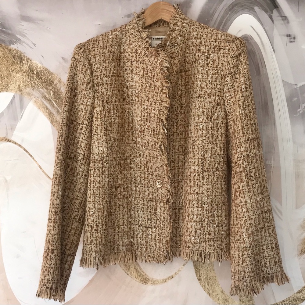 PETER NYGARD | Earthy Brown and Cream Tweed w/ Fringe Blazer Jacket Size 12
